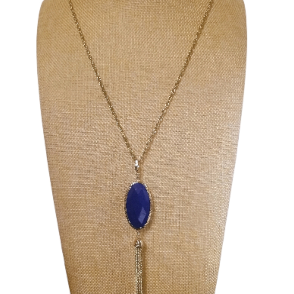NWOT Premier Designs Gold Tassel lecklace with Blue/ Green Reversible Pendant